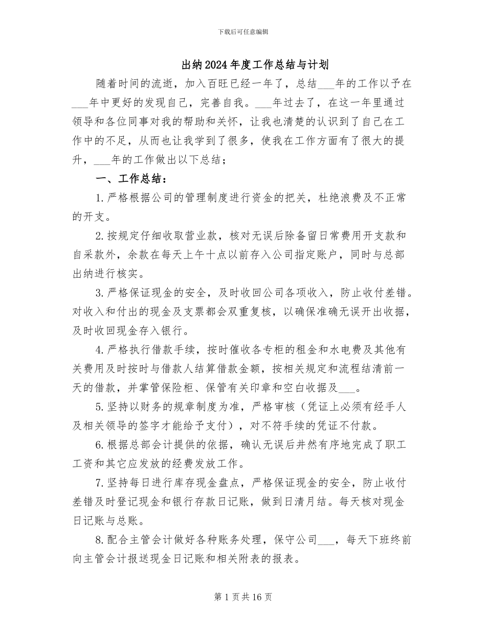 出纳2024年度工作总结与计划_第1页