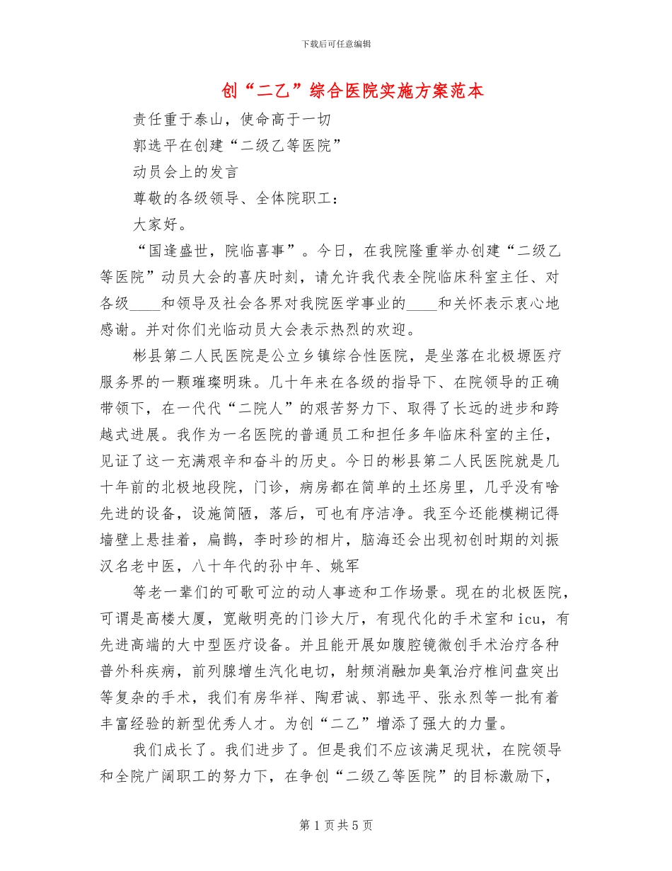 创“二乙”综合医院实施方案范本_第1页