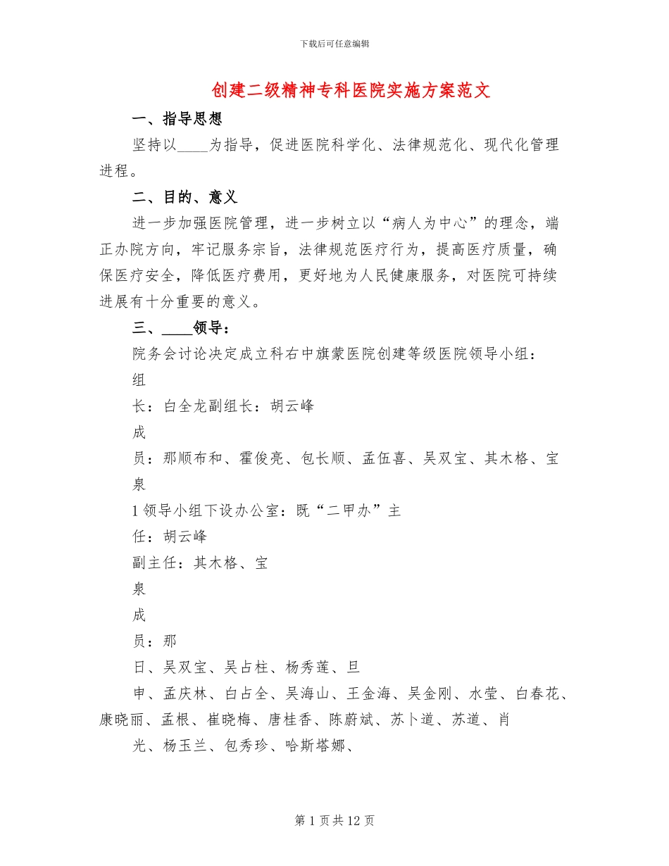 创建二级精神专科医院实施方案范文_第1页