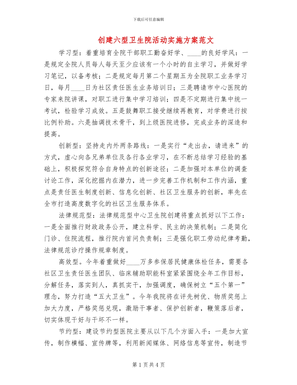 创建六型卫生院活动实施方案范文_第1页
