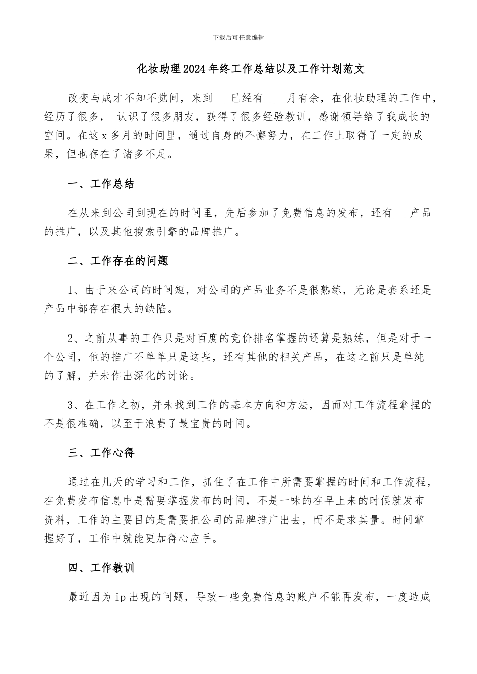 化妆助理2024年终工作总结以及工作计划范文_第1页