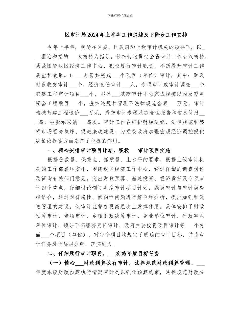 区审计局2024年上半年工作总结及下阶段工作安排_第1页