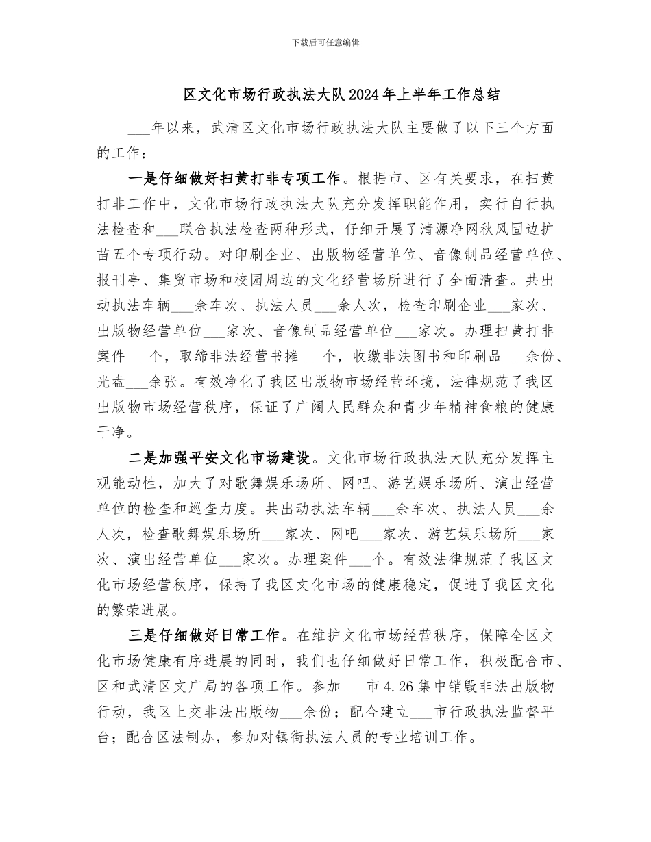 区文化市场行政执法大队2024年上半年工作总结_第1页