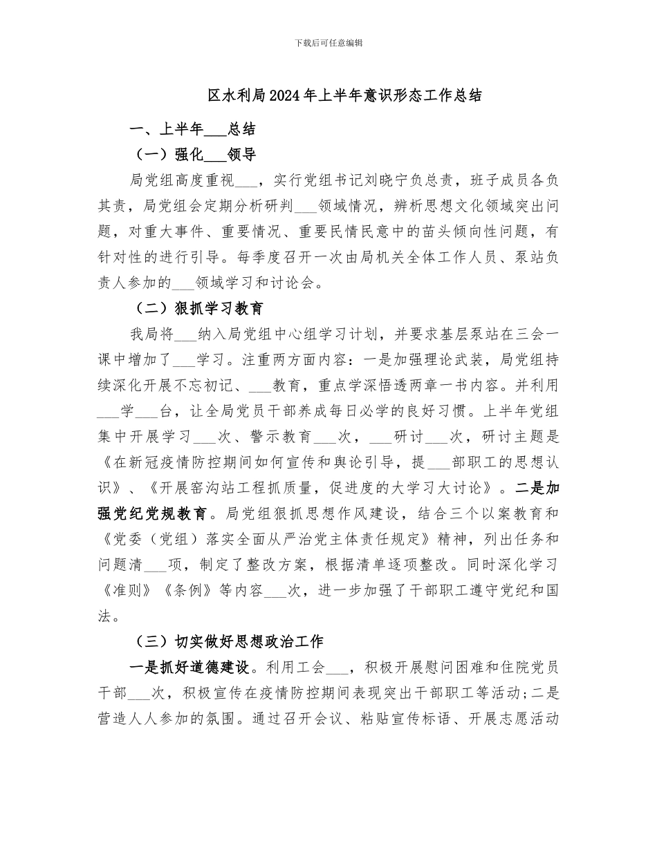 区水利局2024年上半年意识形态工作总结_第1页