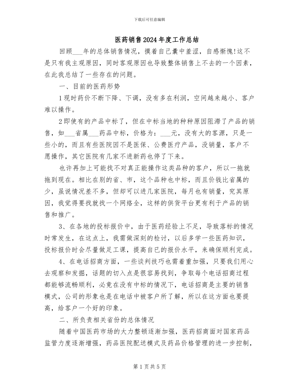 医药销售2024年度工作总结_第1页