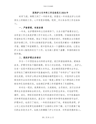 医院护士长年终工作总结范文2024年