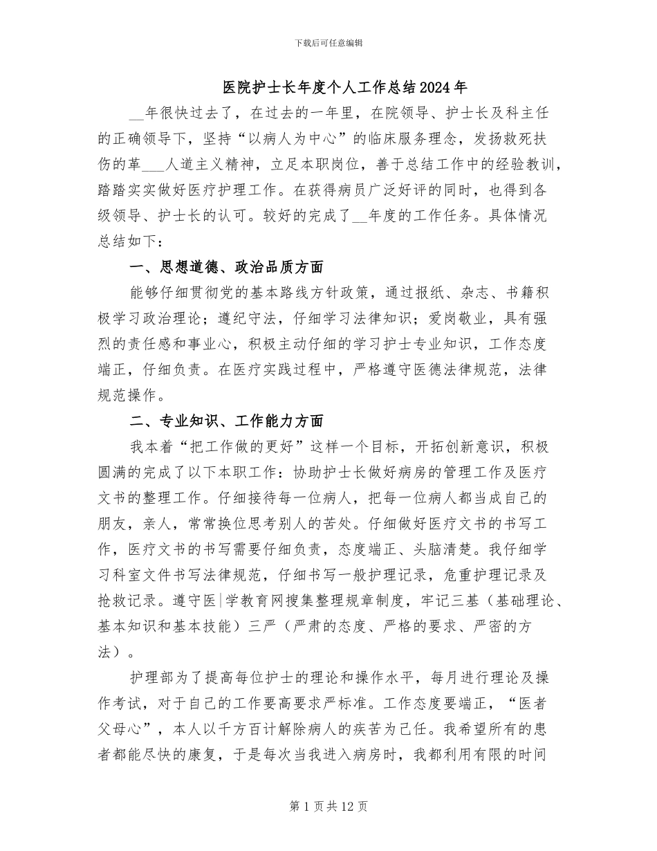 医院护士长年度个人工作总结2024年_第1页