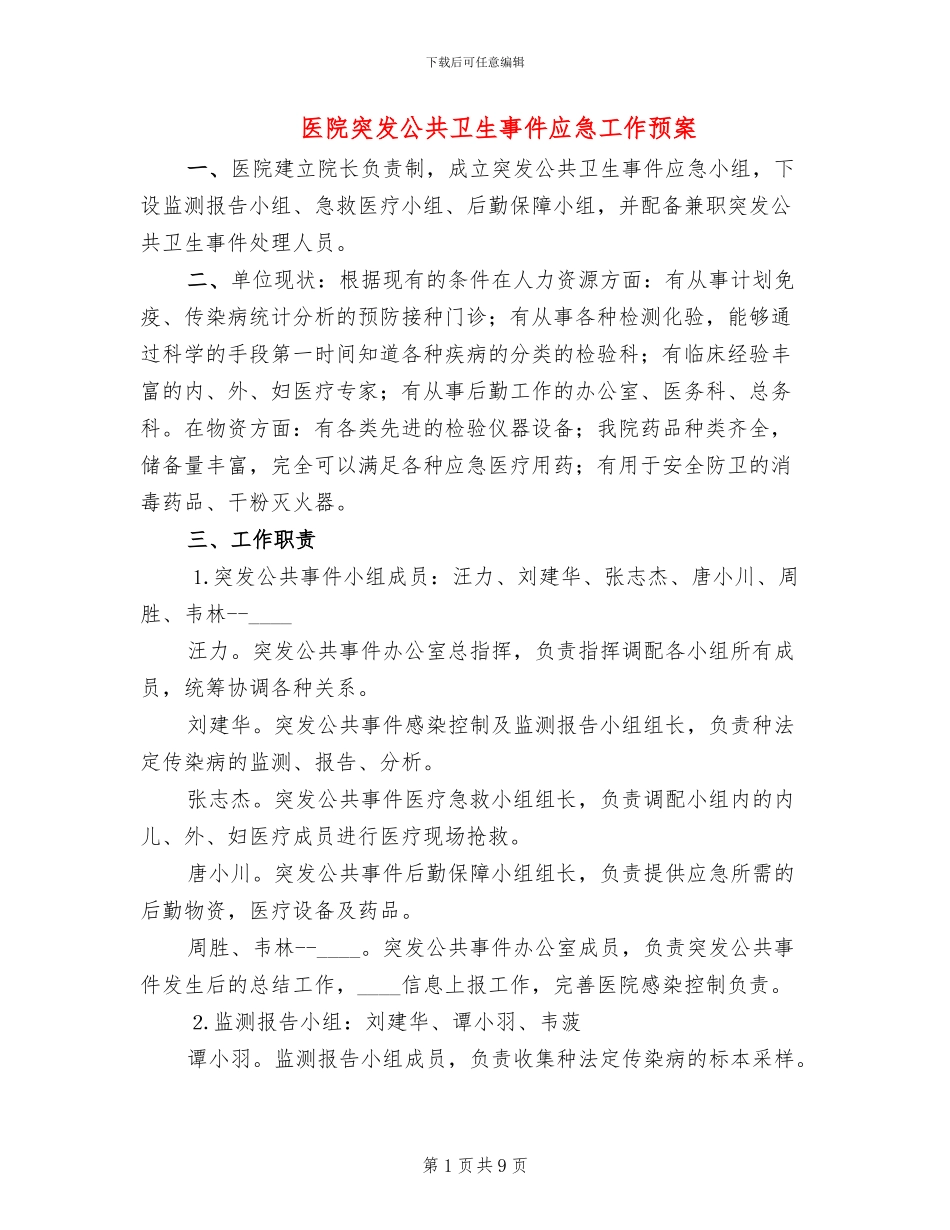 医院突发公共卫生事件应急工作预案_第1页