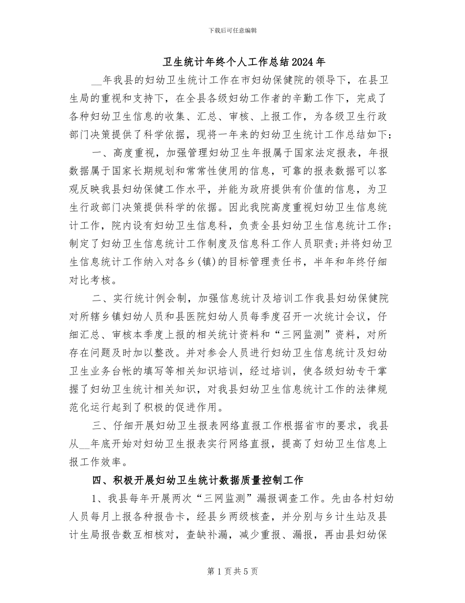 卫生统计年终个人工作总结2024年_第1页
