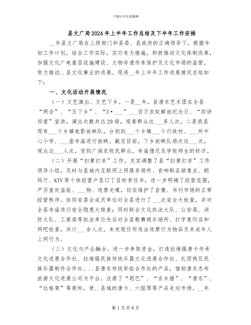 县文广局2024年上半年工作总结及下半年工作安排_第1页