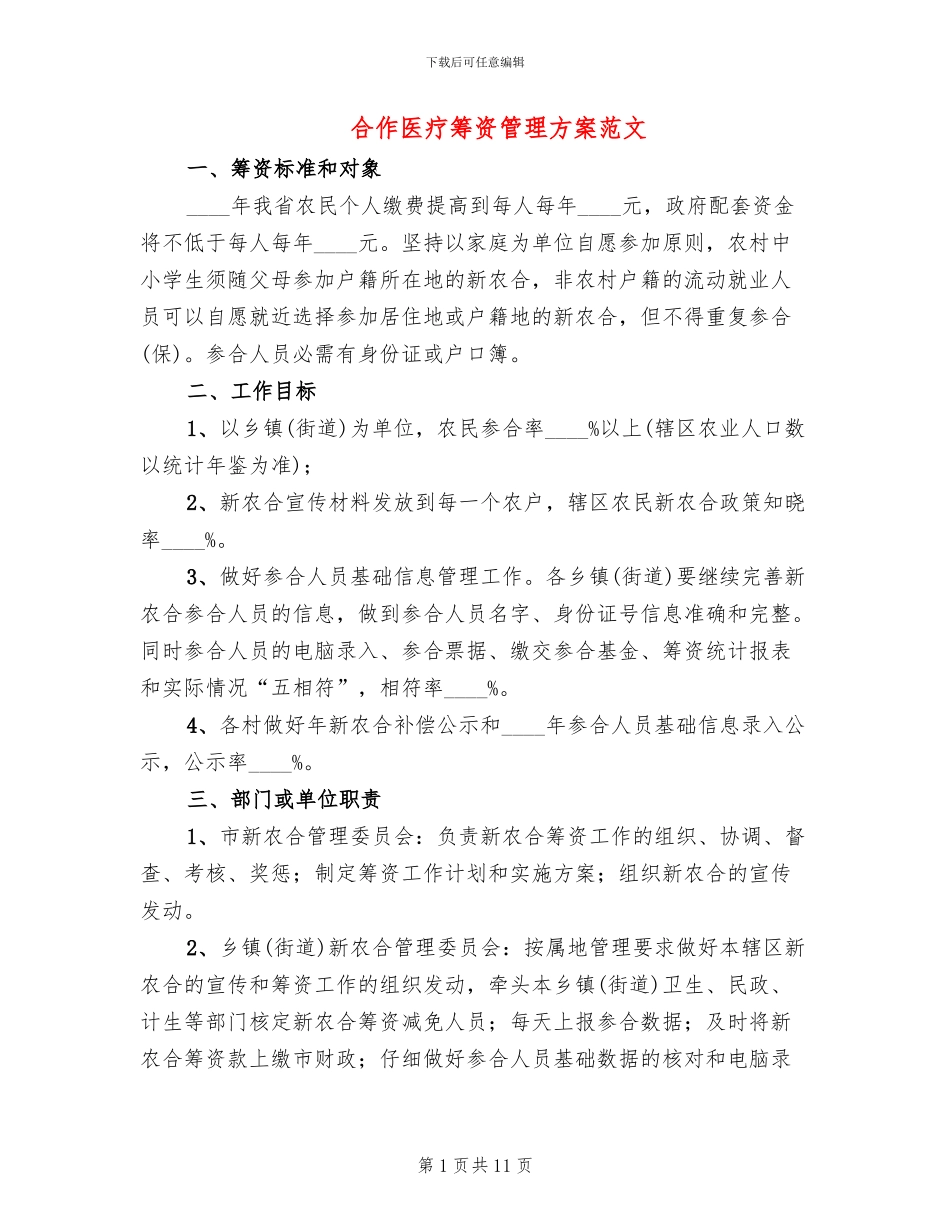 合作医疗筹资管理方案范文_第1页