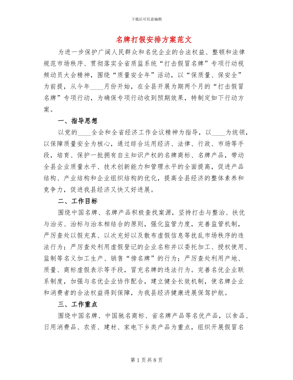 名牌打假安排方案范文_第1页