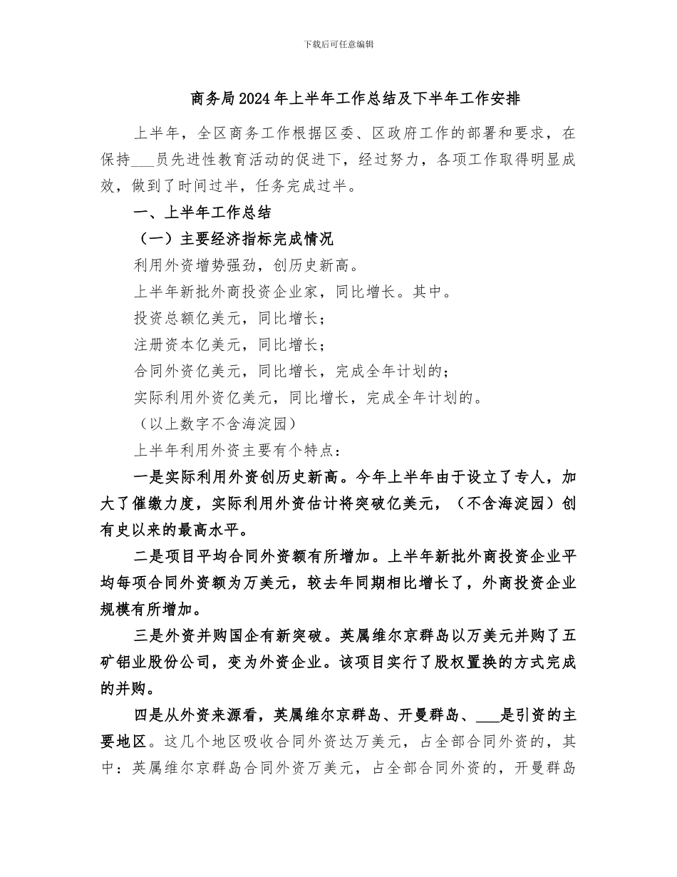 商务局2024年上半年工作总结及下半年工作安排_第1页