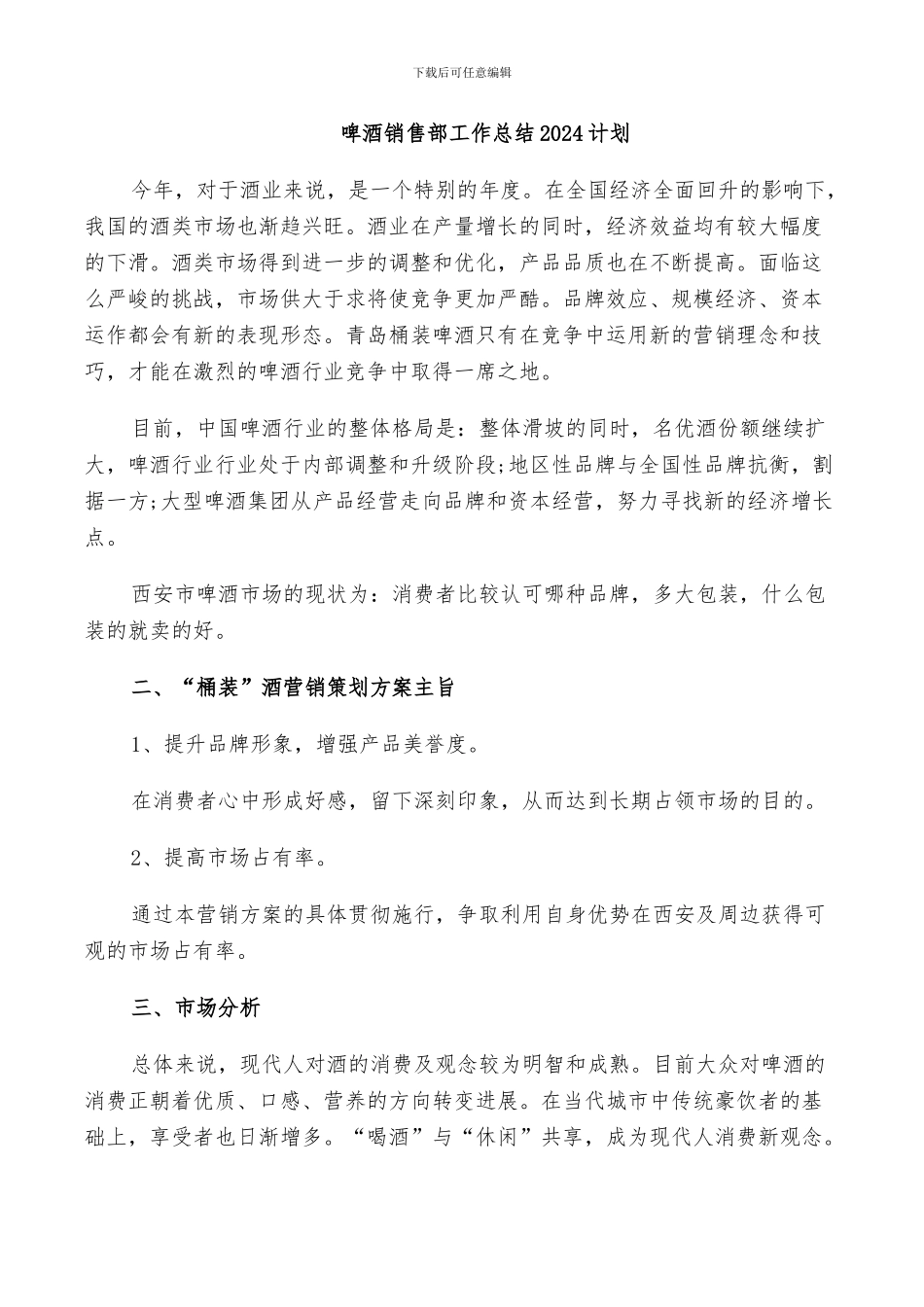 啤酒销售部工作总结2024计划_第1页