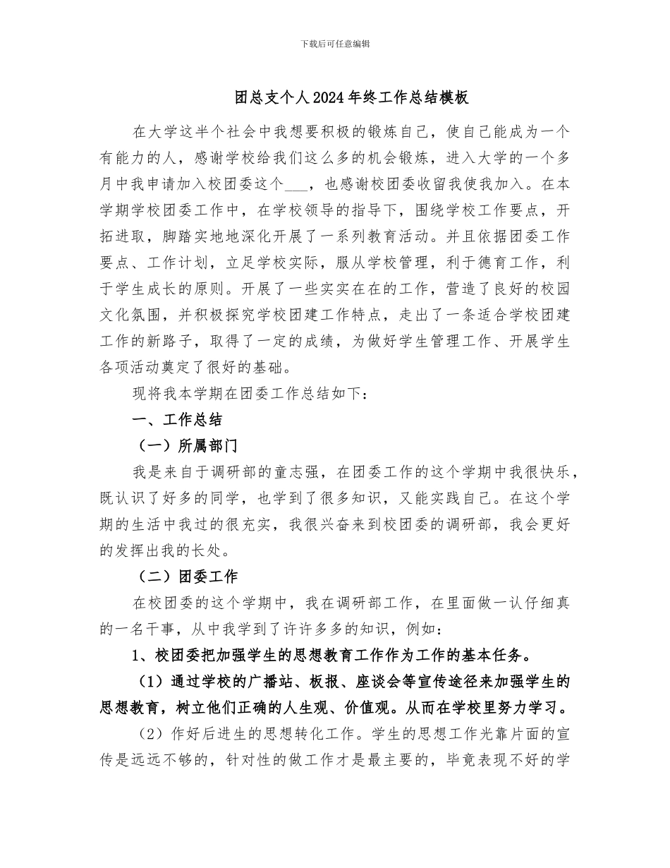 团总支个人2024年终工作总结模板_第1页