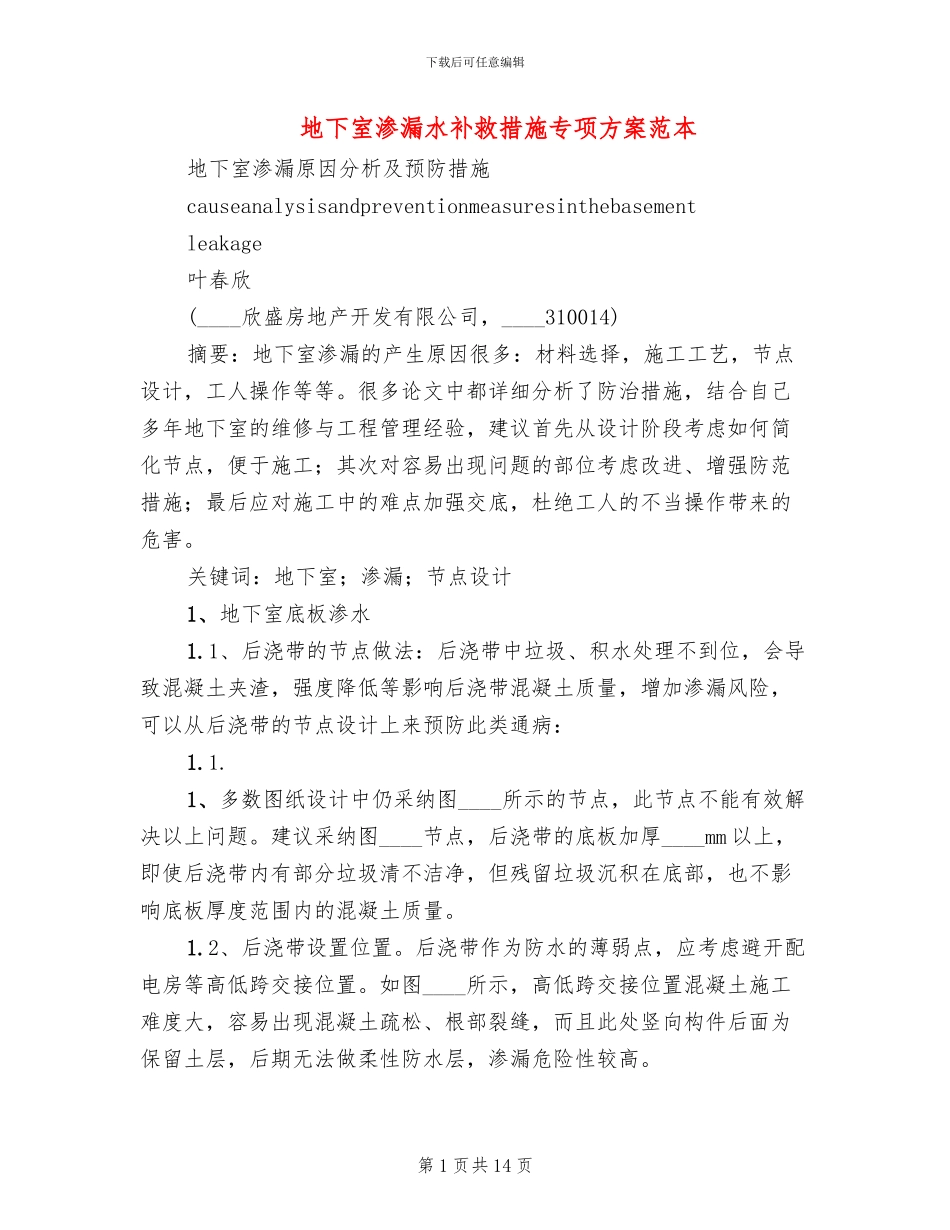 地下室渗漏水补救措施专项方案范本_第1页