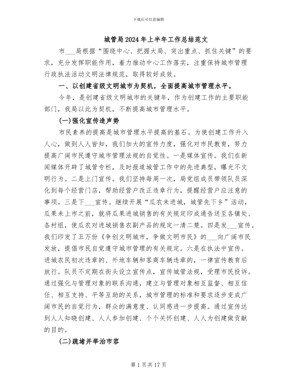 城管局2024年上半年工作总结范文_第1页