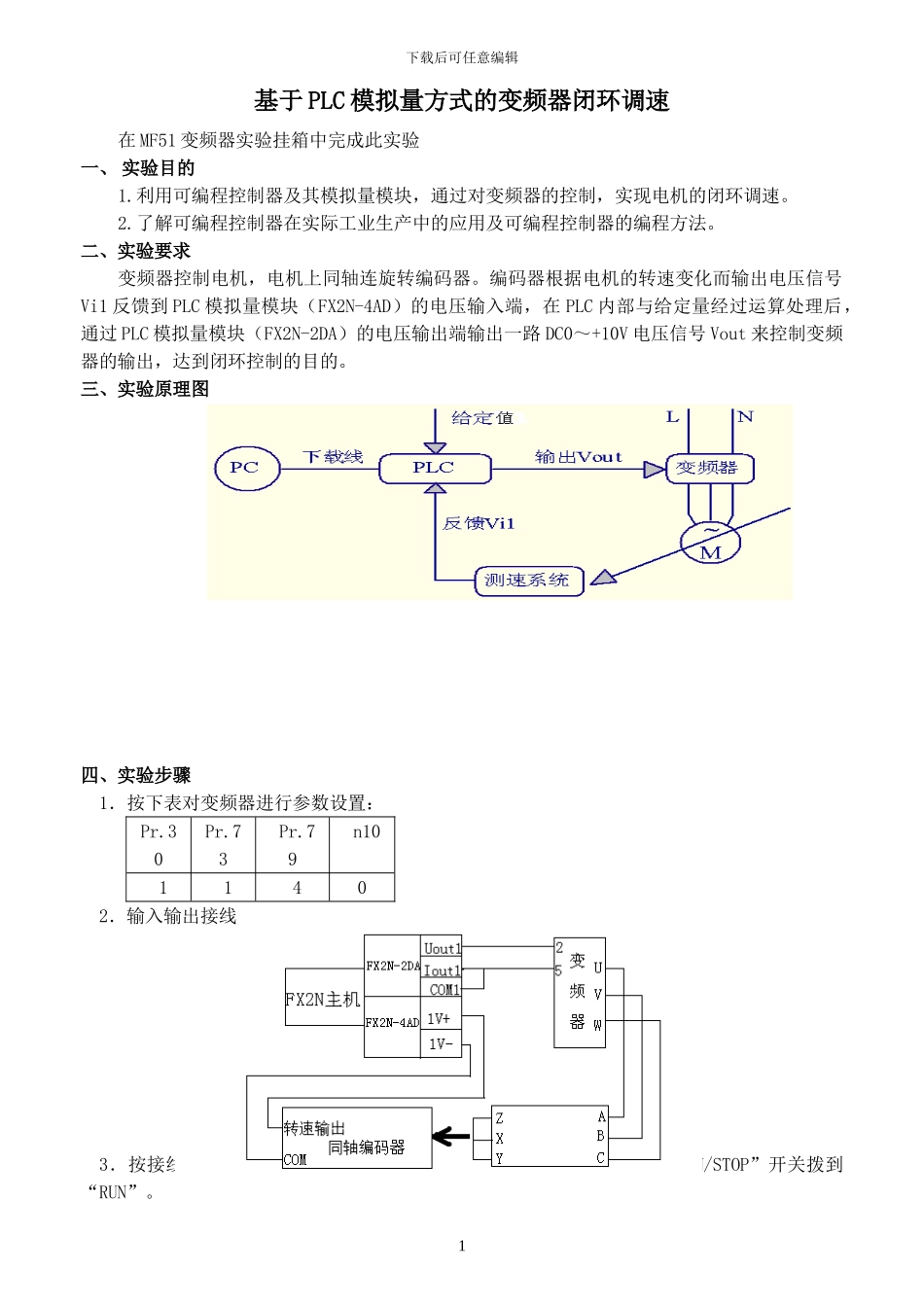 基于PLC模拟量方式的变频器闭环调速_第1页