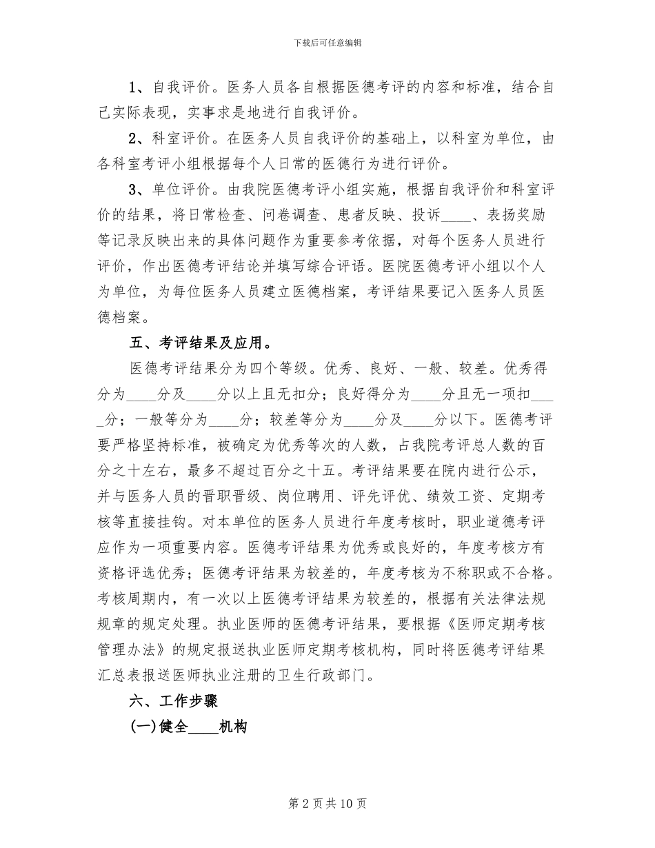 基层卫生院医务人员医德考评工作实施方案范文_第2页