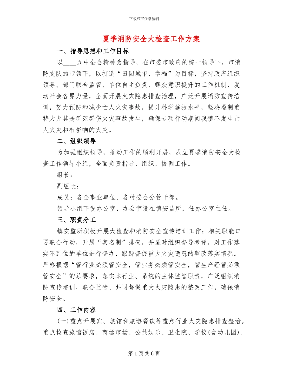夏季消防安全大检查工作方案_第1页
