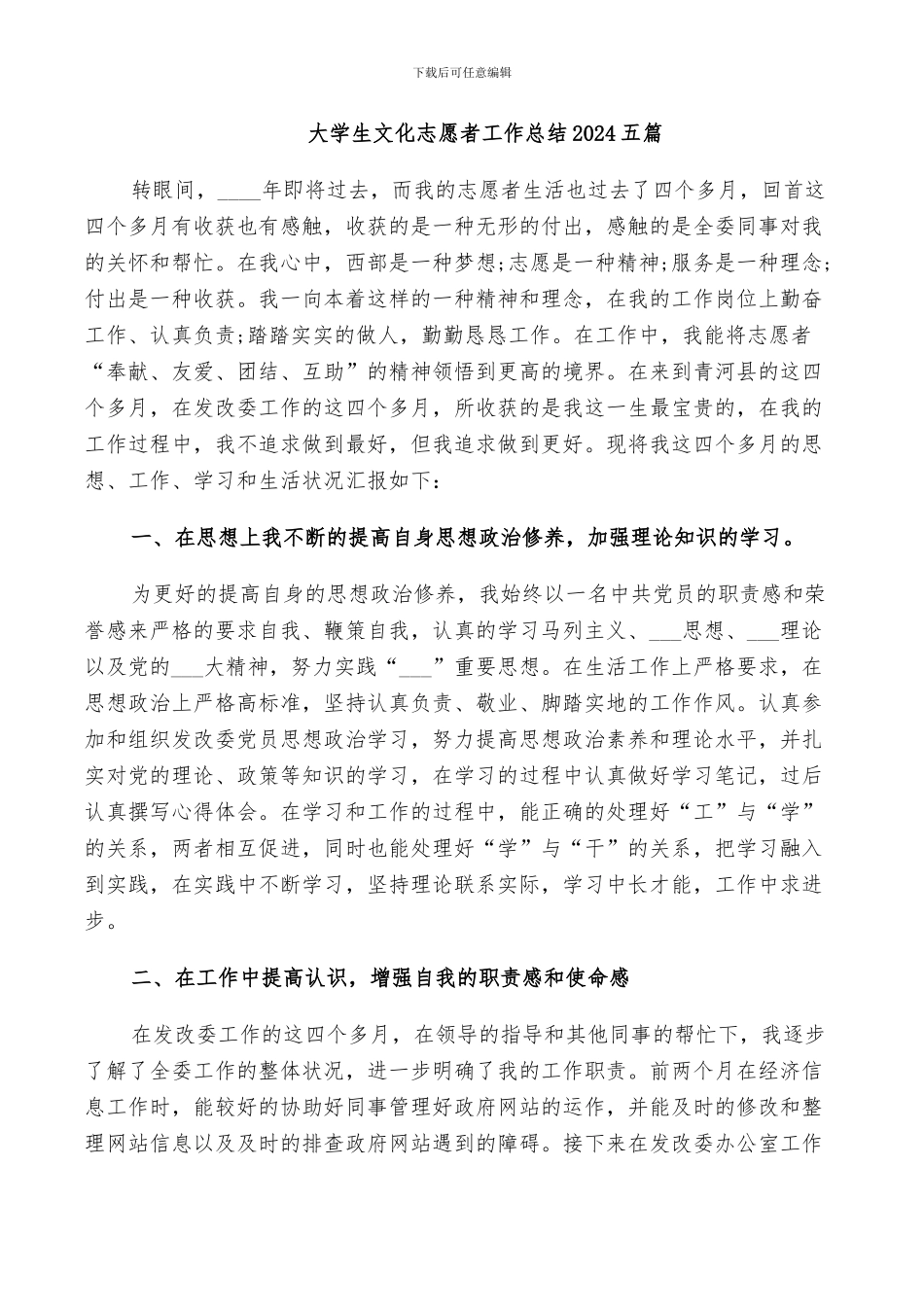 大学生文化志愿者工作总结2024五篇_第1页