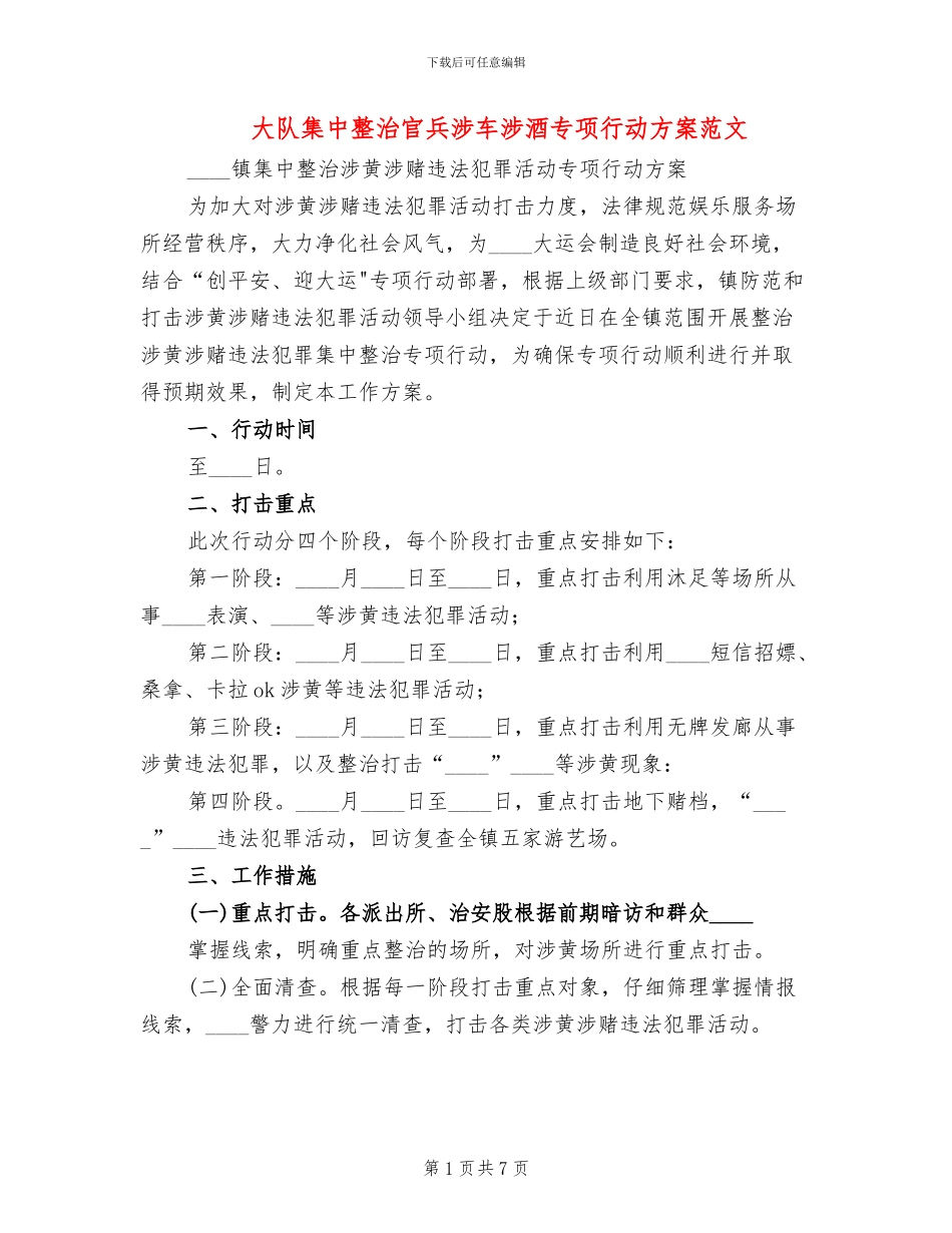 大队集中整治官兵涉车涉酒专项行动方案范文_第1页