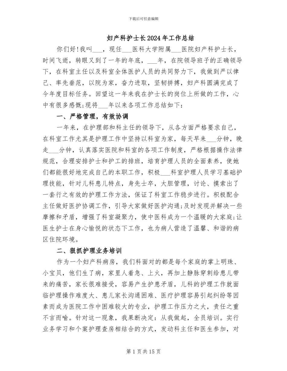 妇产科护士长2024年工作总结_第1页