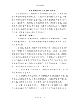 学校出纳员个人工作总结2024年