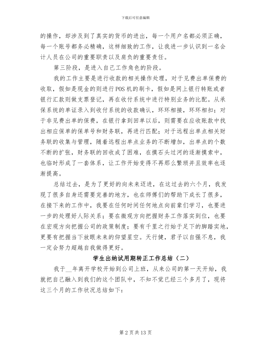 学生出纳试用期转正工作总结2024年_第2页