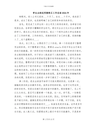 学生出纳试用期转正工作总结2024年