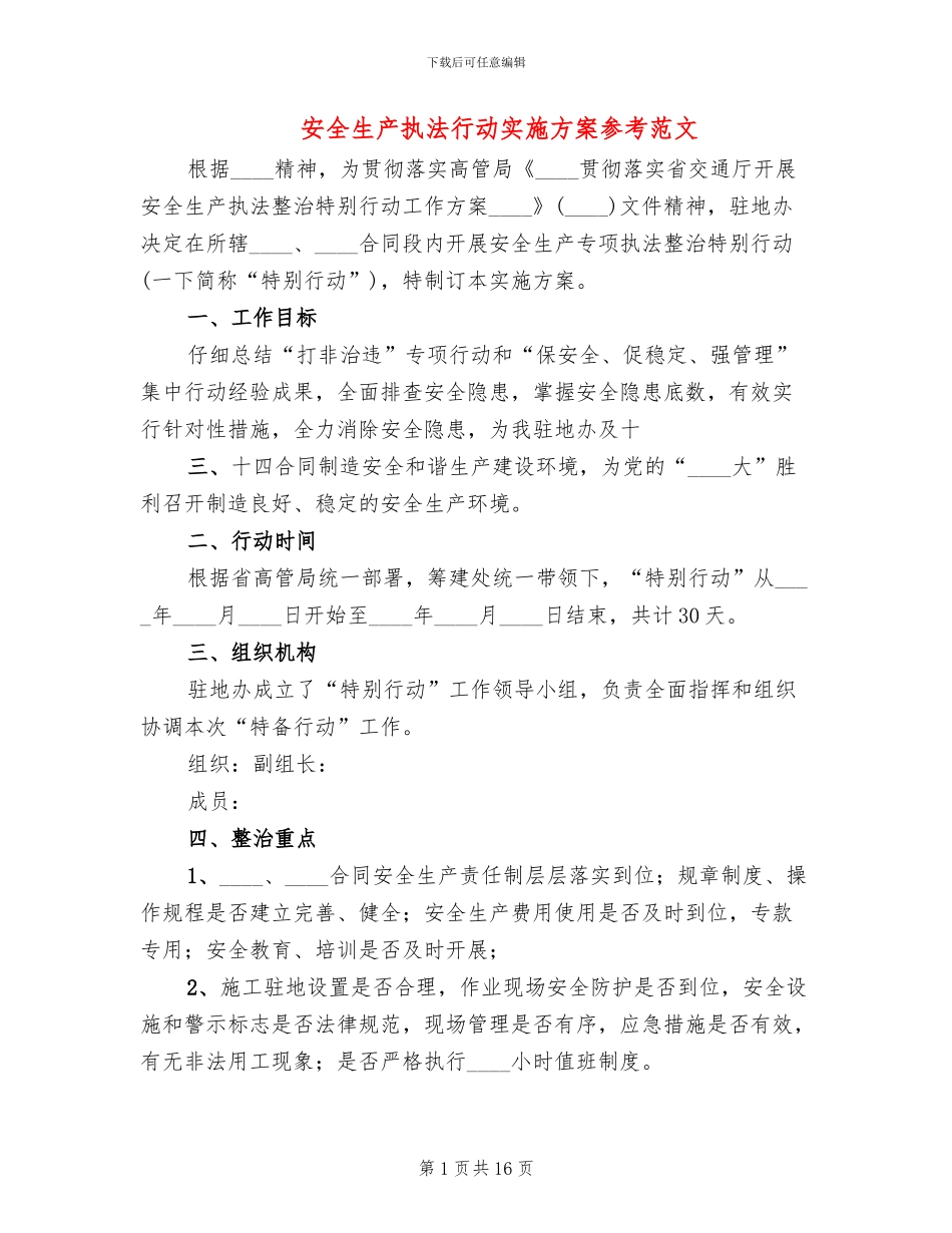 安全生产执法行动实施方案参考范文_第1页