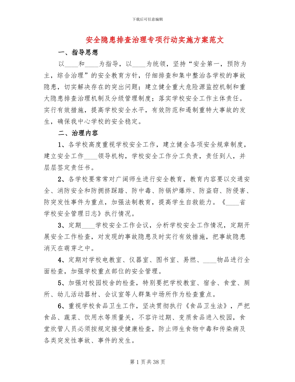 安全隐患排查治理专项行动实施方案范文_第1页