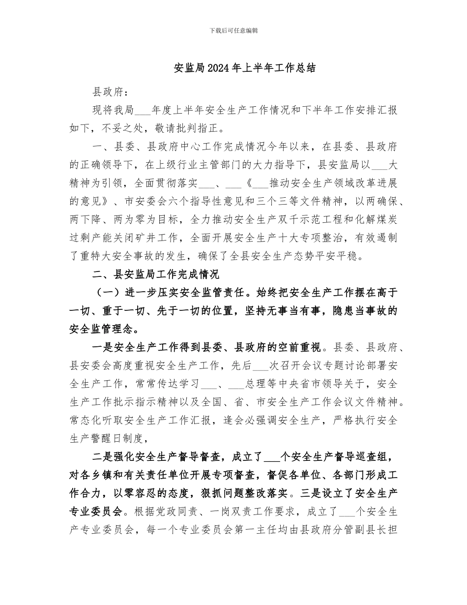 安监局2024年上半年工作总结_第1页