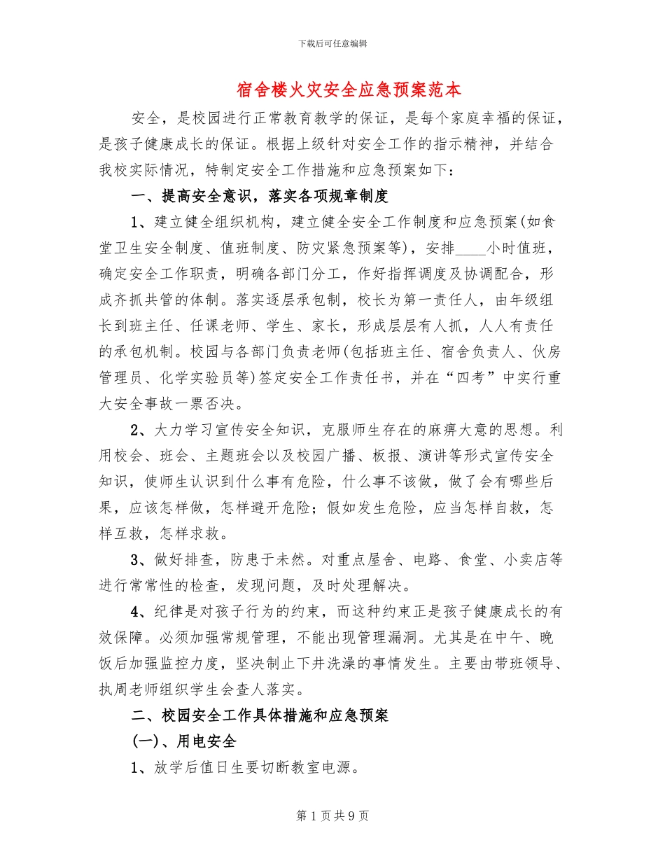 宿舍楼火灾安全应急预案范本_第1页