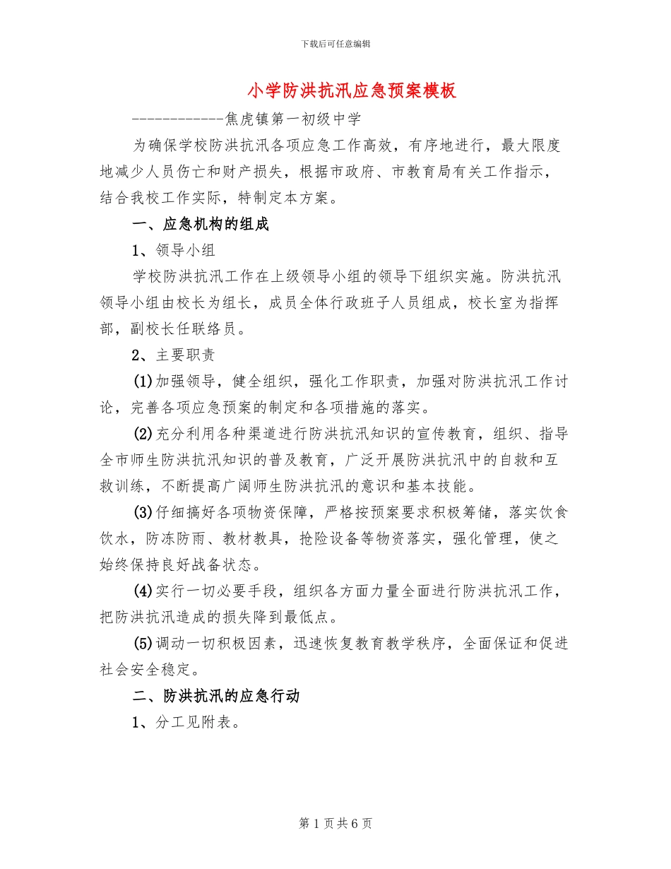 小学防洪抗汛应急预案模板_第1页