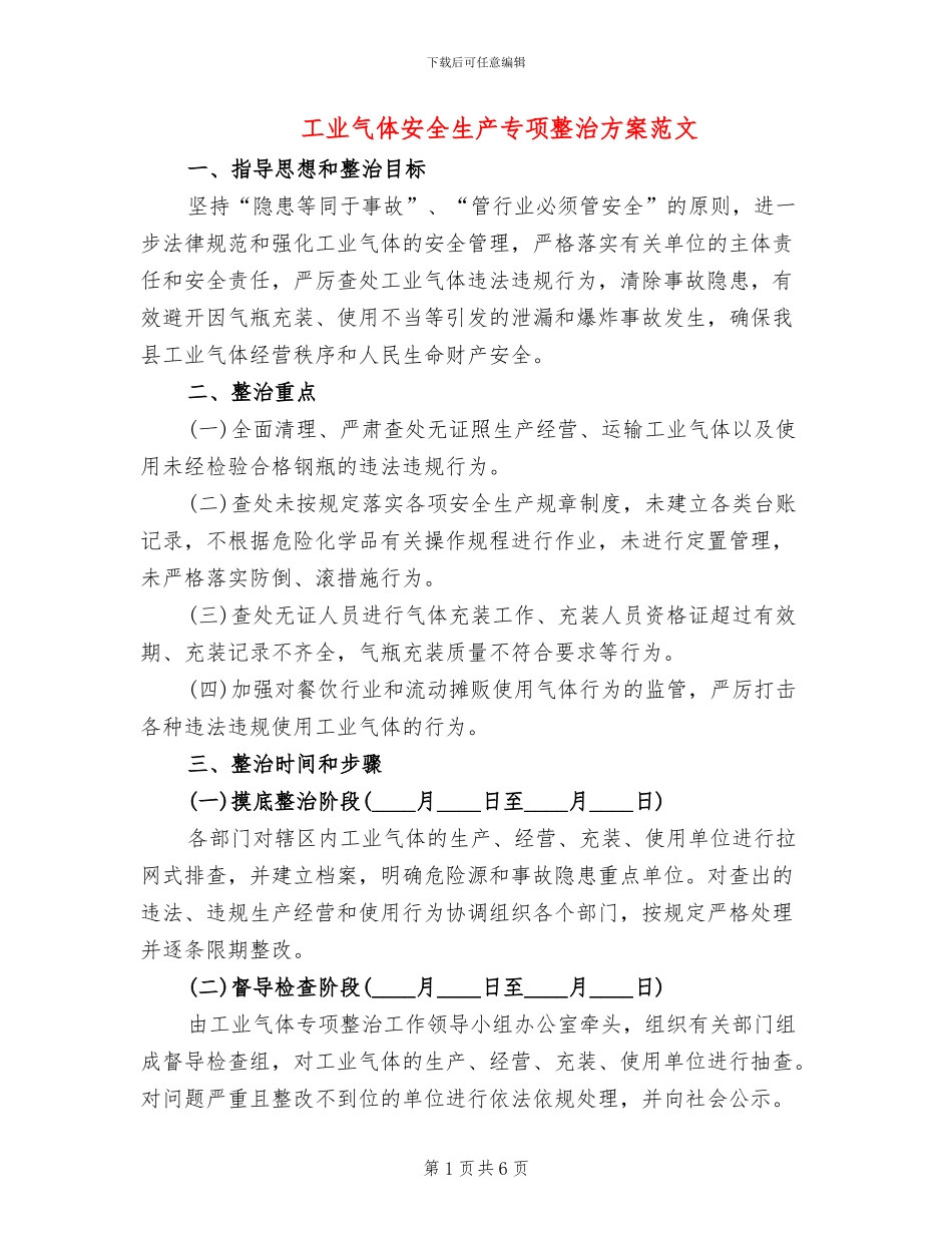 工业气体安全生产专项整治方案范文_第1页