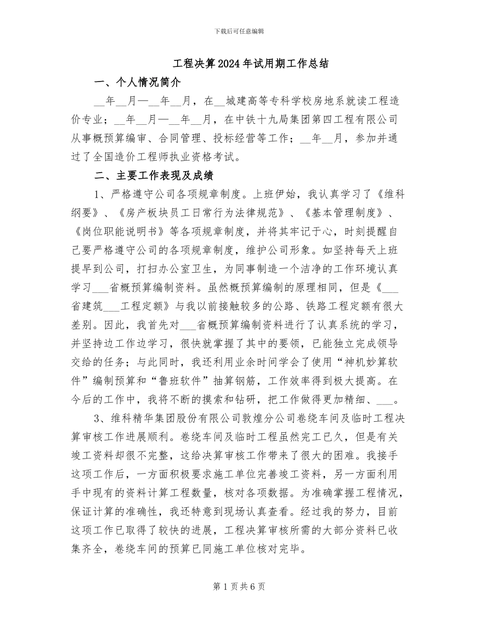 工程决算2024年试用期工作总结_第1页