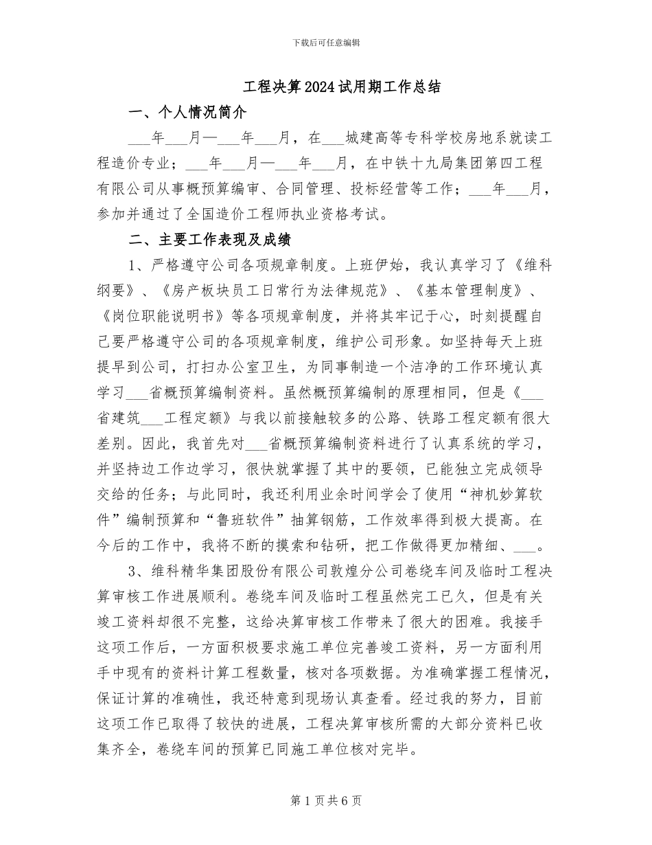 工程决算2024试用期工作总结_第1页