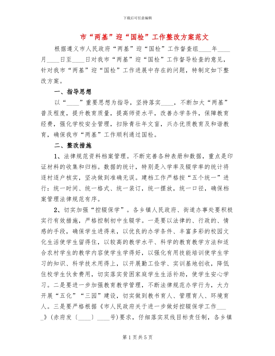 市“两基”迎“国检”工作整改方案范文_第1页