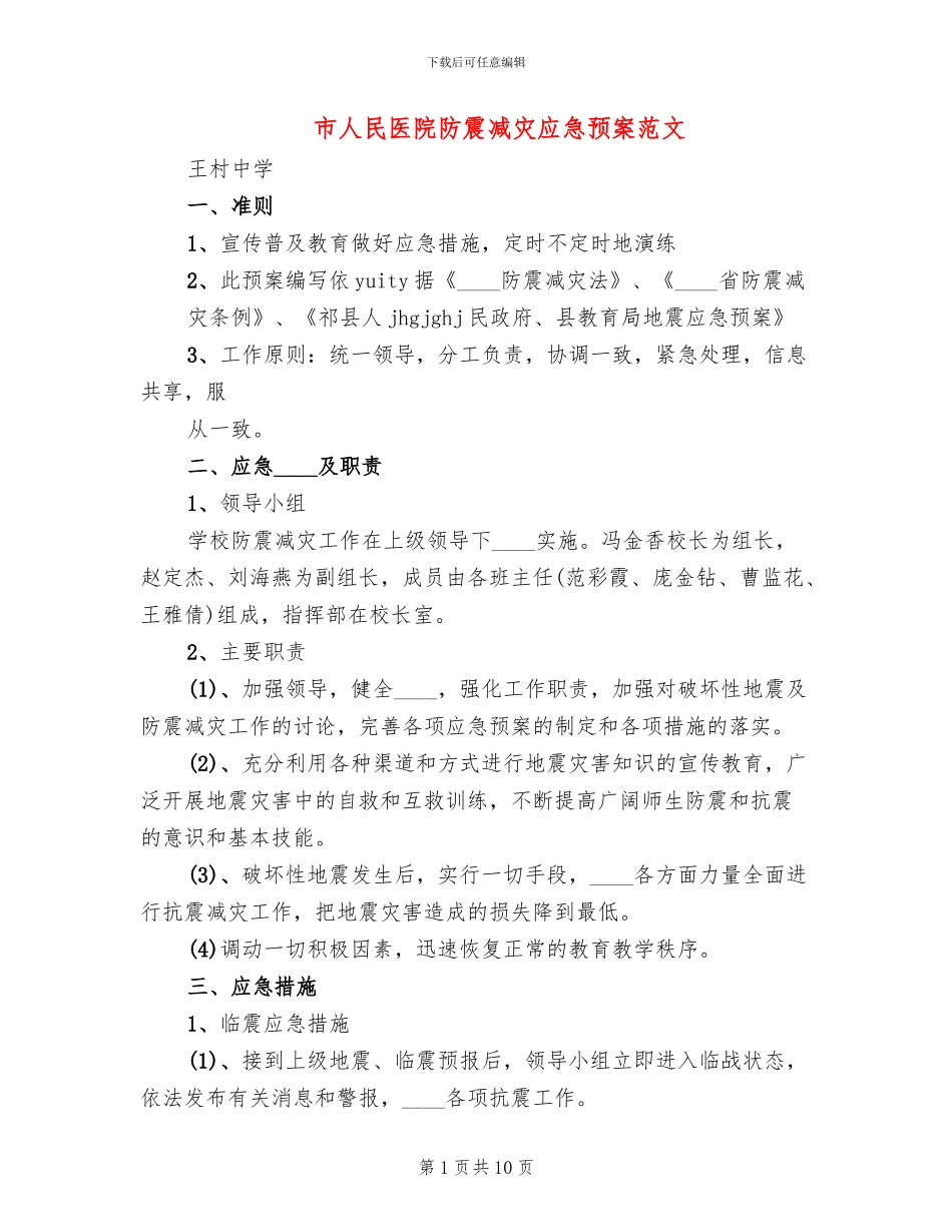市人民医院防震减灾应急预案范文_第1页