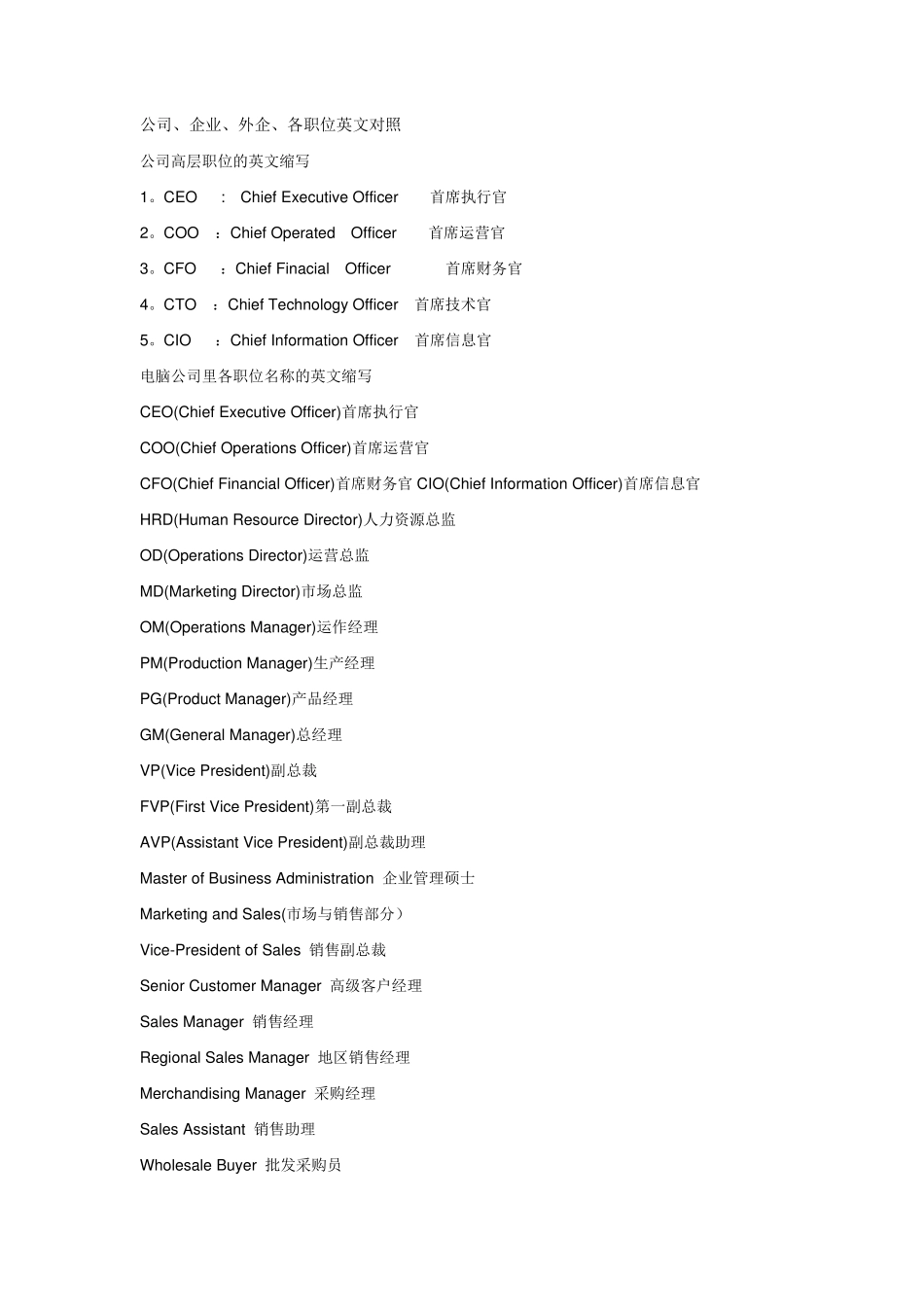 企业各职位英文对照_第1页