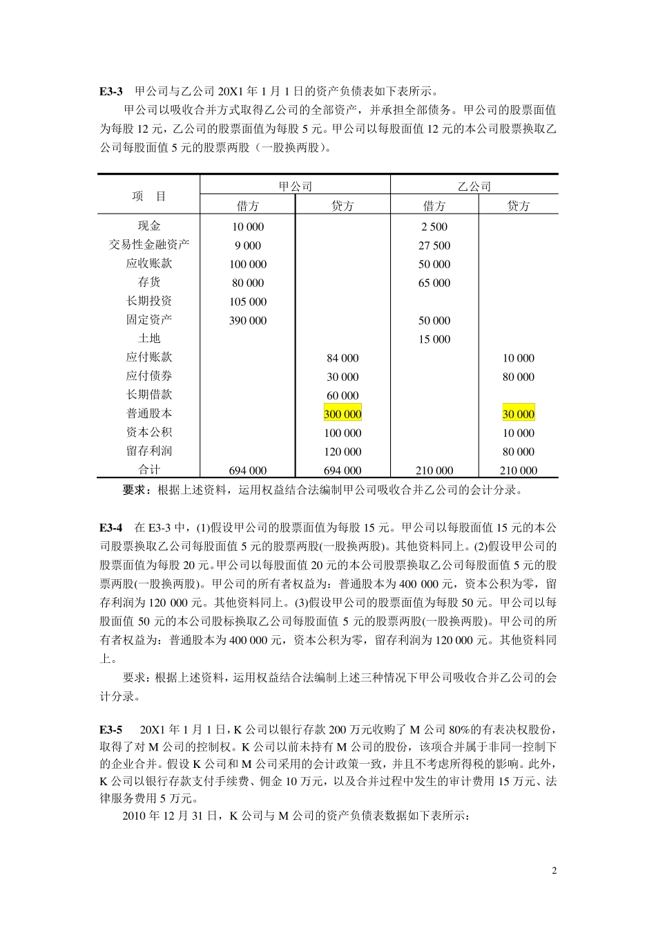 企业合并习题答案_第2页