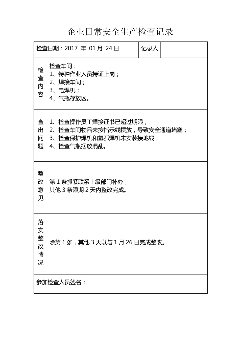 企业日常安全生产检查记录_第1页