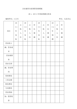 企业通用全面预算表格模板