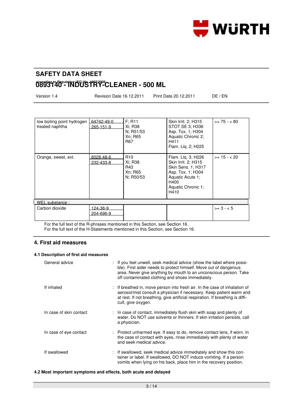 伍尔特清洁剂MSDS英文893140_第3页
