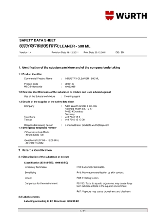 伍尔特清洁剂MSDS英文893140
