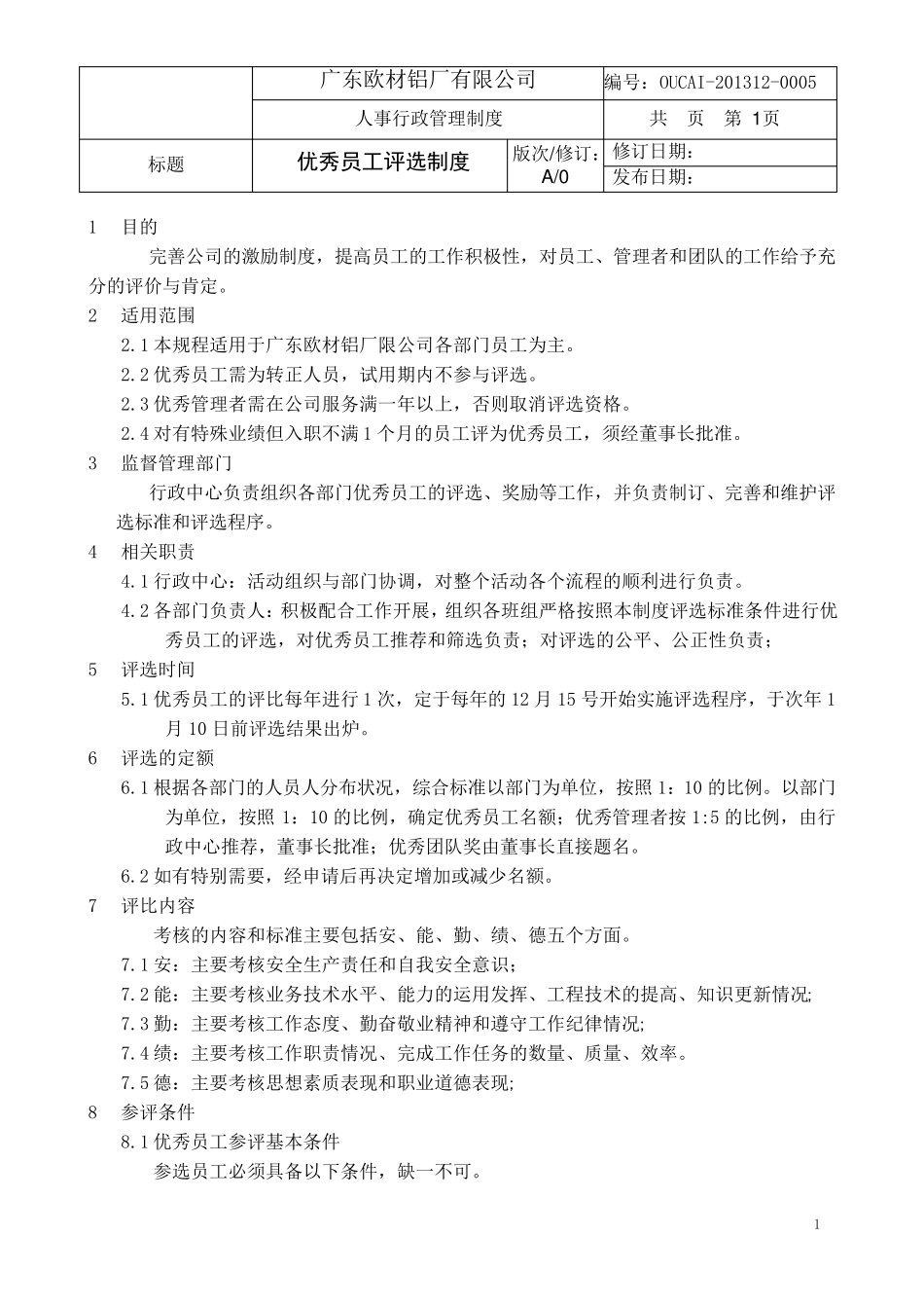 优秀员工评选制度(含流程图及相关表格)_第1页