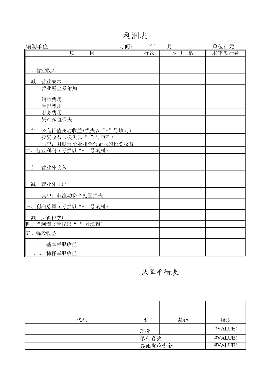会计Excel表格(利润表、试算平衡表、资产负债表)_第1页