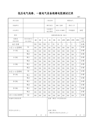 低压电气线路、照明配电箱绝缘电阻测试记录
