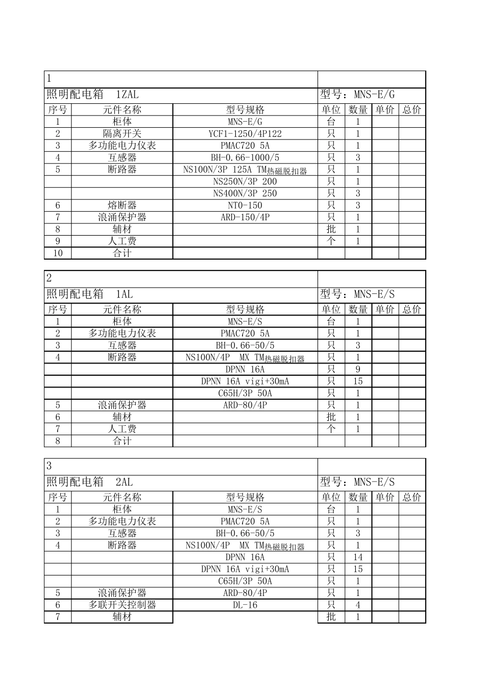 低压配电柜材料清单配置清单_第1页